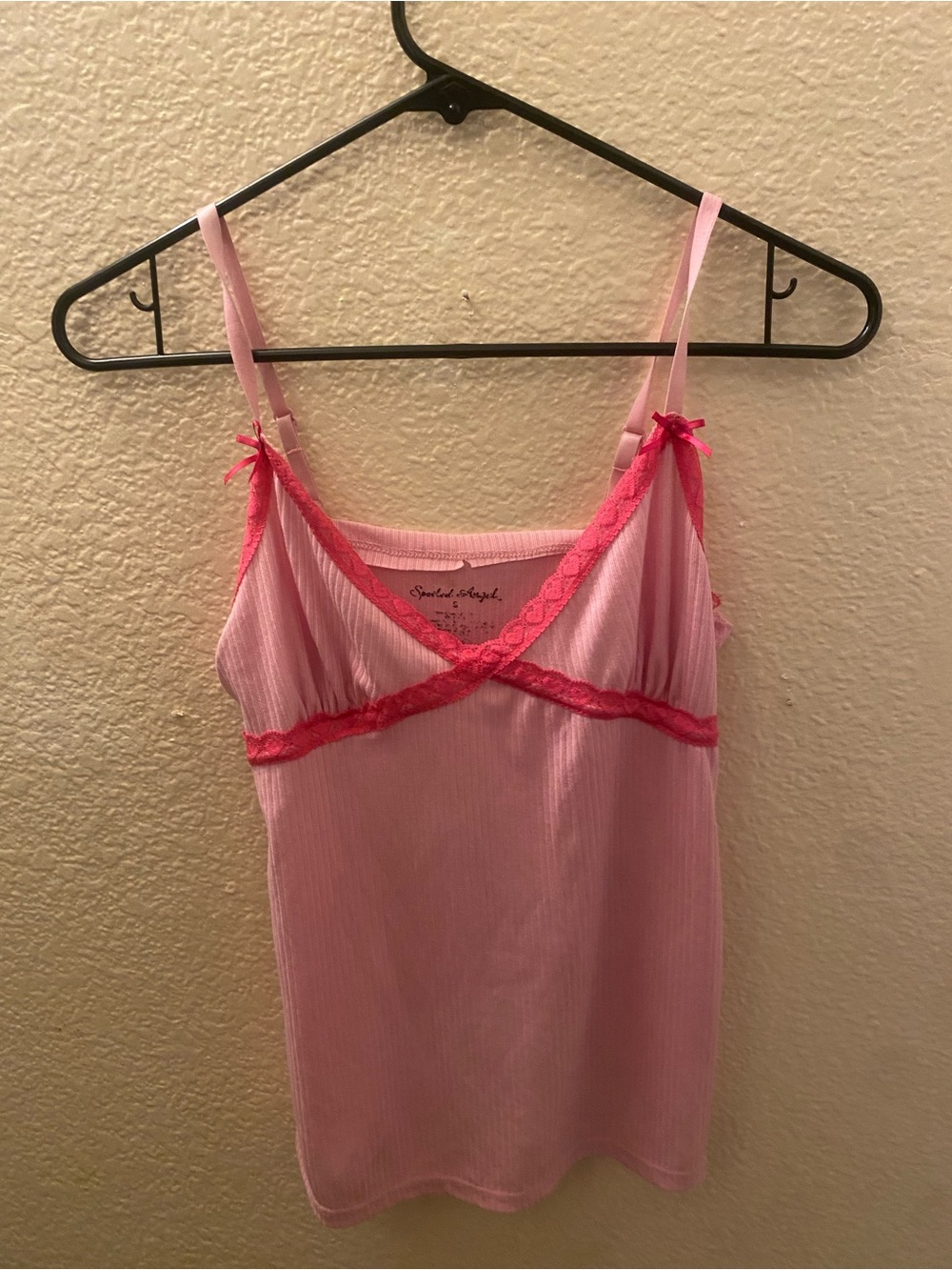 Spoiled Rotten Ladies Apparel Pink Ribbed Lace-Trim Cami with Hot Pink Accents